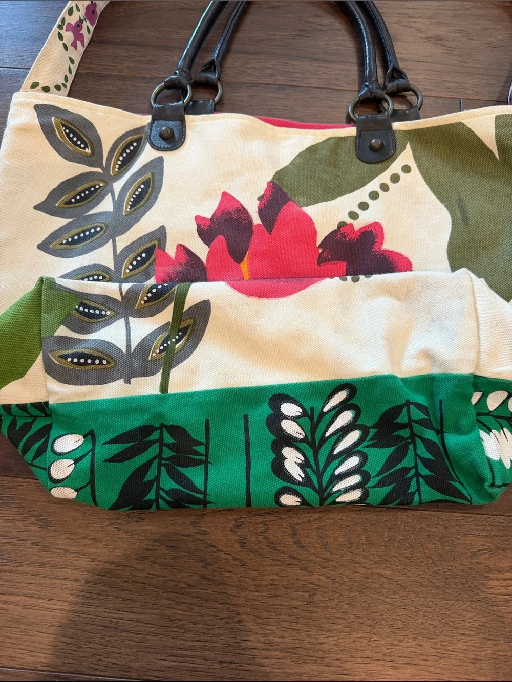 Neat Canvas Floral Tote Bag with Pink & Green Print With Leather Straps